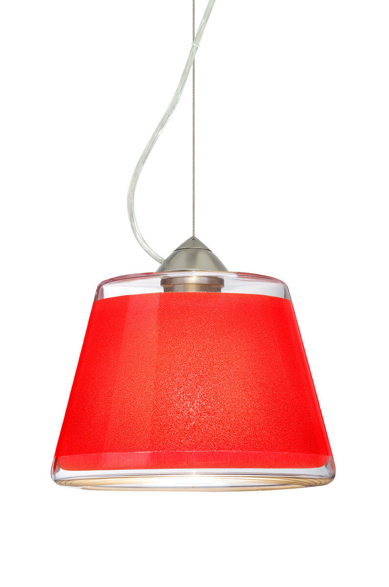 Pica 1 Light Satin Nickel Pendant Ceiling Light in Red Sand Glass, Incandescent