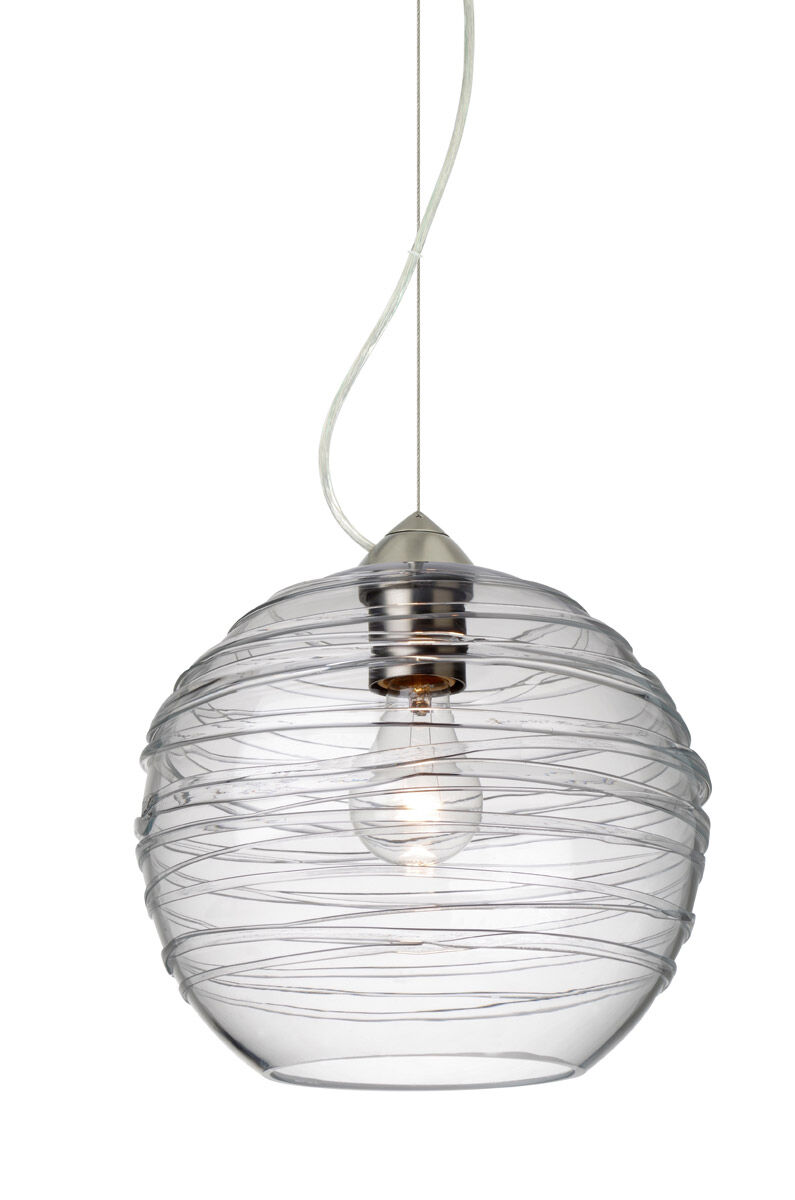 Wave 1 Light Satin Nickel Pendant Ceiling Light in Clear Wave Glass