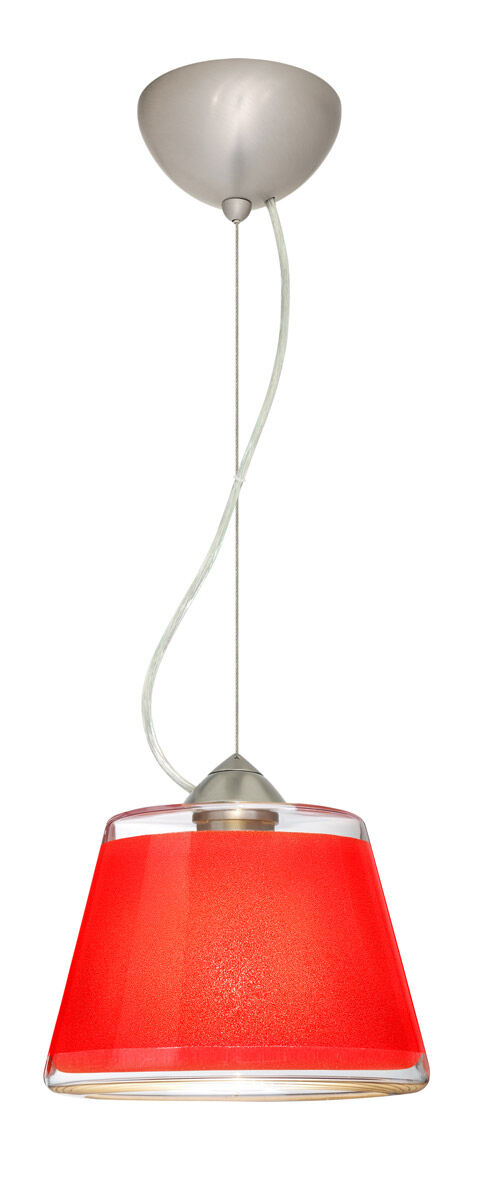 Pica 1 Light Satin Nickel Pendant Ceiling Light in Red Sand Glass, Incandescent