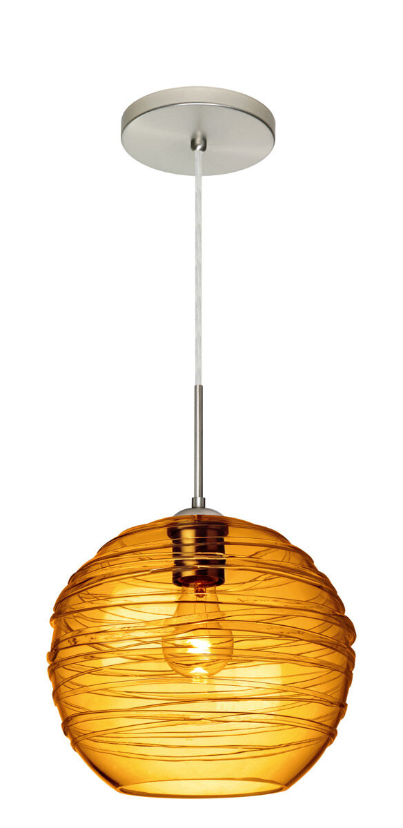 Wave 10 1 Light Satin Nickel Pendant Ceiling Light in Amber Glass