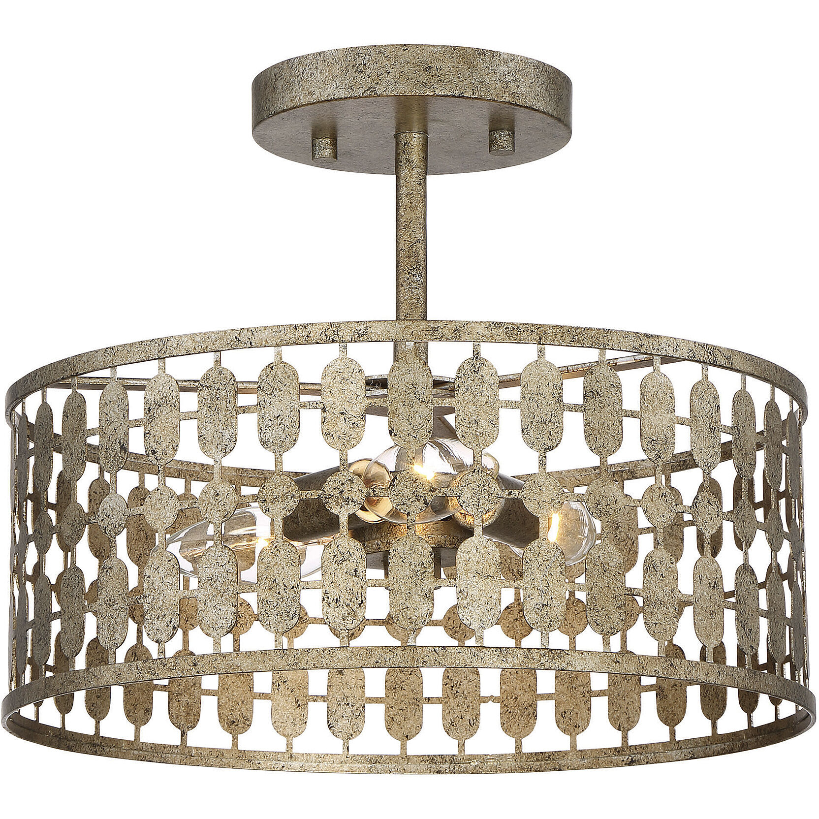 Shabby Chic 3 Light 12 inch Antique Gold Semi-Flush Ceiling Light