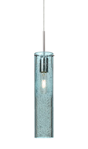 Juni 1 Light Satin Nickel Pendant Ceiling Light in Blue Bubble Glass