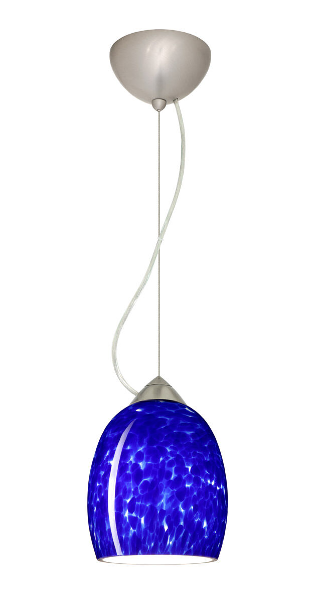 Lucia 1 Light Satin Nickel Pendant Ceiling Light in Incandescent, Blue Cloud Glass