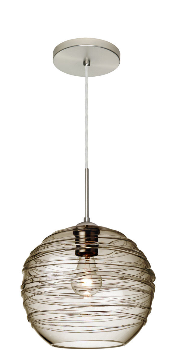 Wave 10 1 Light Satin Nickel Pendant Ceiling Light in Smoke Glass