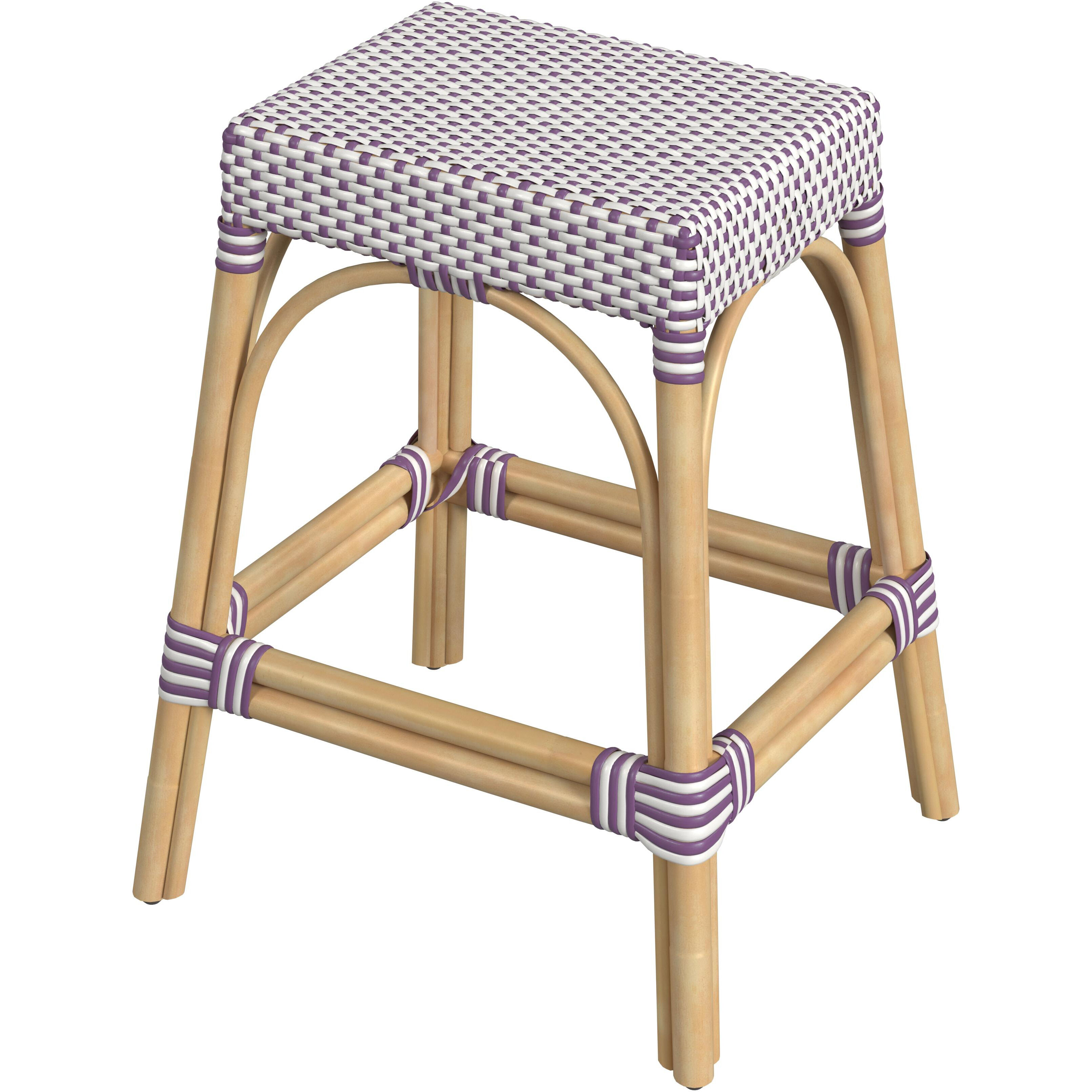 Robias Rectangular Rattan 24.5" Counter Stool in White and Purple Dot
