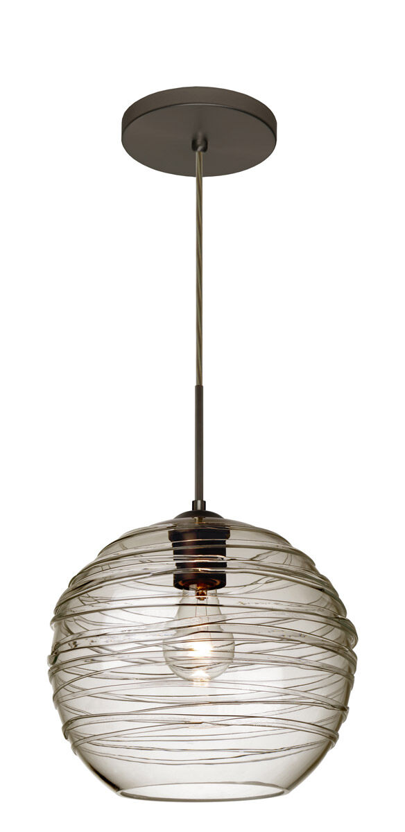 Wave 1 Light Bronze Pendant Ceiling Light in Smoke Wave Glass