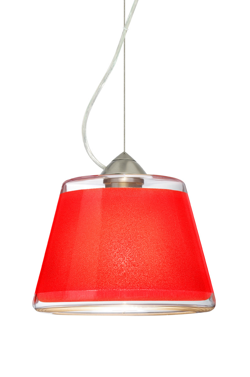 Pica 1 Light Satin Nickel Pendant Ceiling Light in Red Sand Glass, Incandescent