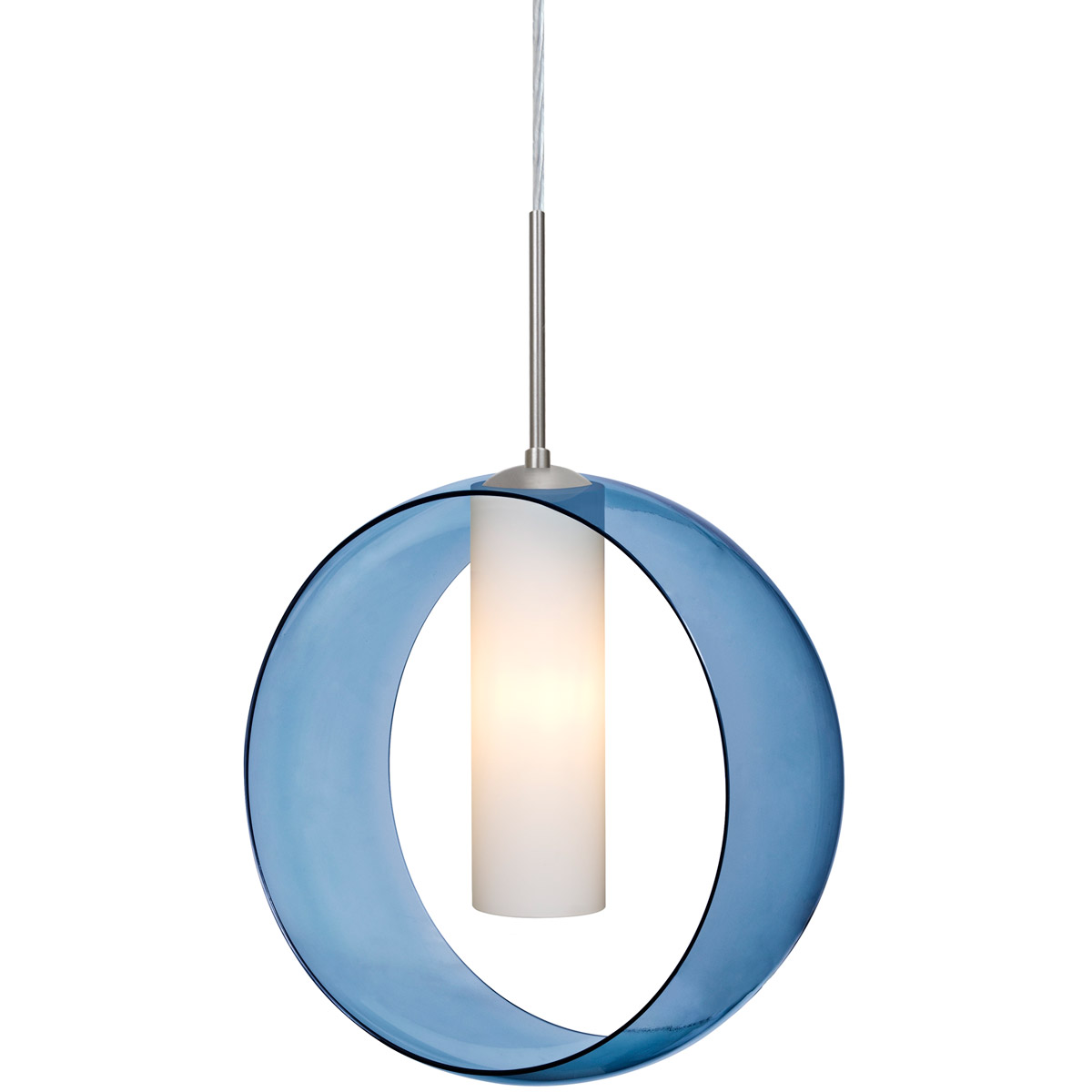 Plato 1 Light Satin Nickel Cord Pendant Ceiling Light in Incandescent, Transparent Blue with Opal Glass