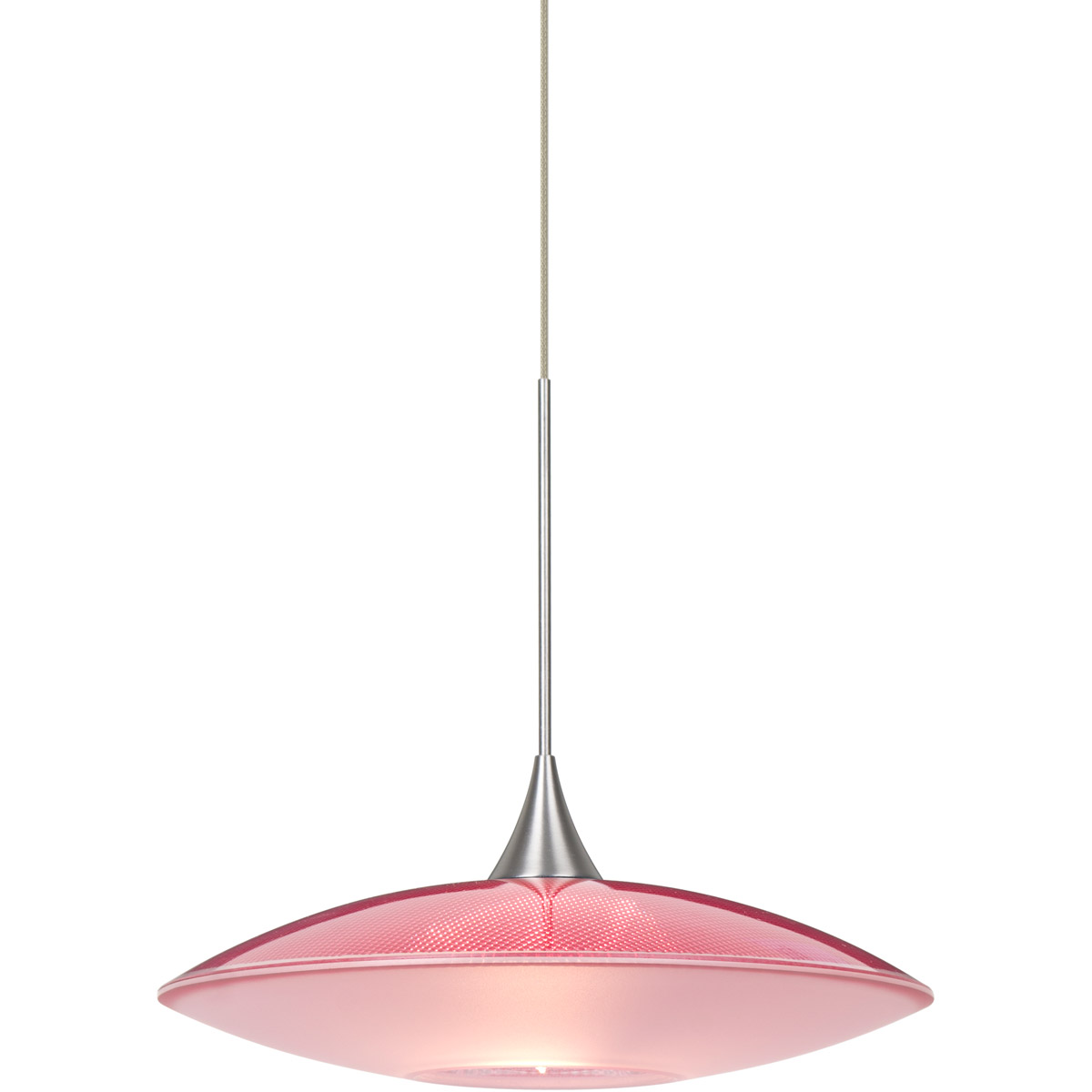 Spazio LED Satin Nickel Cord Pendant Ceiling Light in Red/Frost Spazio Glass
