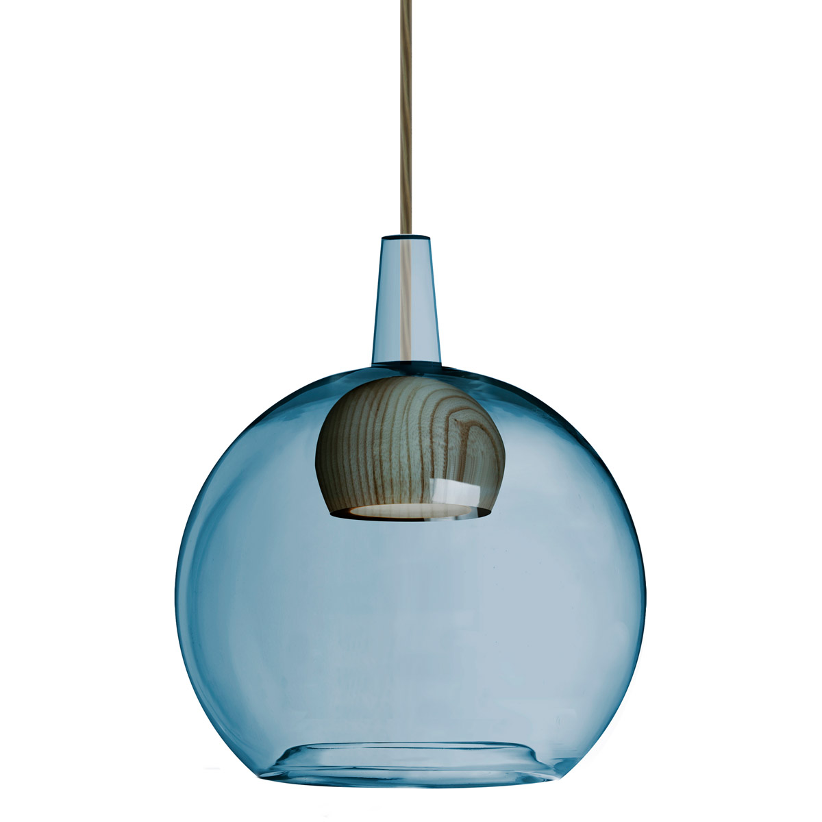 Benji LED Bronze Pendant Ceiling Light in Blue With Natural Wood Glass